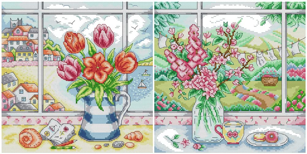 Awesocrafts 2 Pack Cross Stitch Stamped Kits Vase on Windowsill Easy Patterns Cross Stitching Embroidery Needlework Kit Supplies (Vase 5)