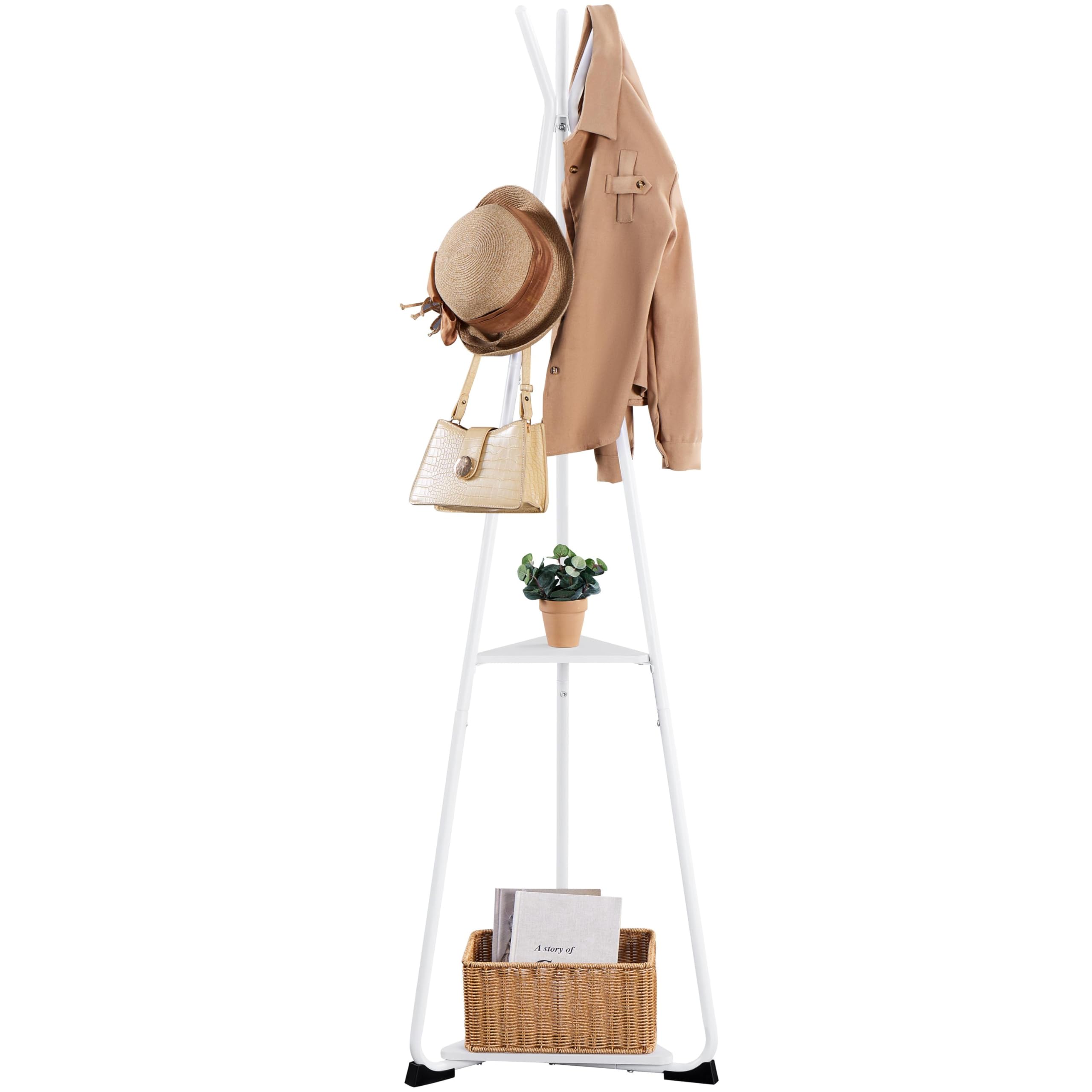 Yaheetech Coat Stand with 2 Shelves and 6 Hooks, Industrial Freestanding Coat Rack for Clothes, Hats, Bags, Metal Coat Tree for Hallway, Entrance, Living Room, Bedroom, White