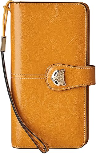 FOXLOVER Carteras RFID para mujer de gran capacidad de cuero con tarjetero de crédito con pulsera Azul Peacock Blue Clásico