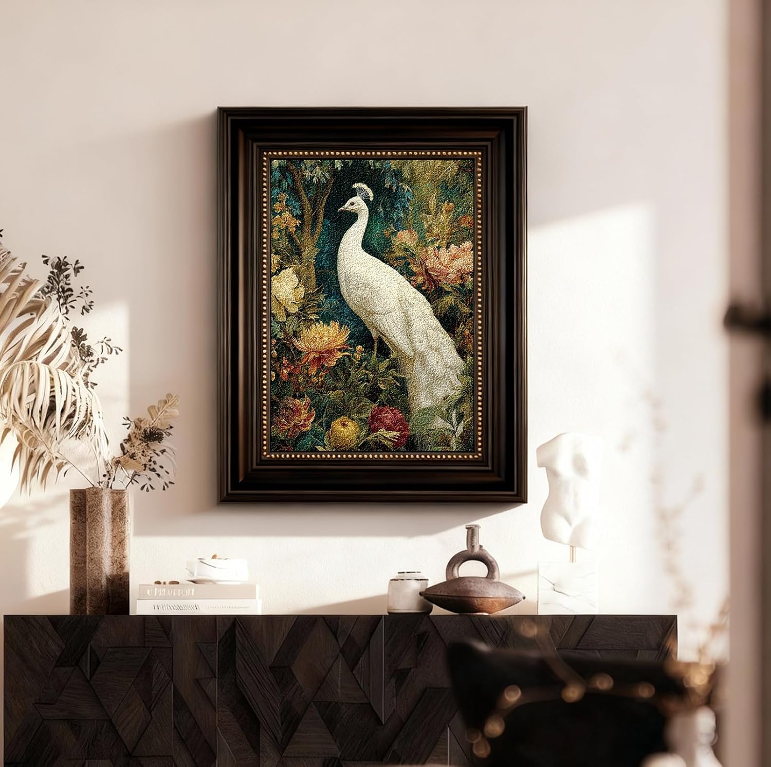 VIYYIEA Large Dark Cottage Nature Wall Art for Living Room,16x20in,Peacock & Floral Artwork Brown Framed, Whimsical Vintage Moody rustic Wall Decor for Library Study, Sandstone Textured Painting