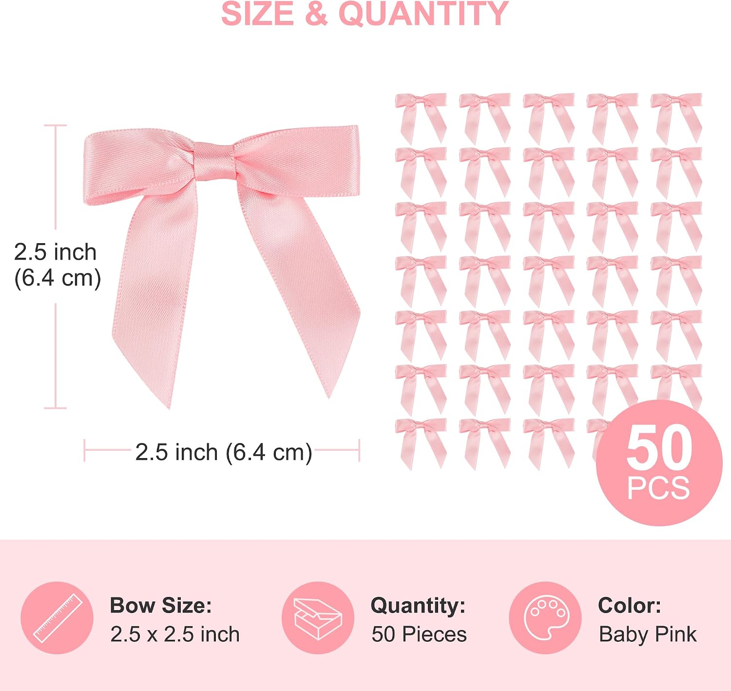 AIMUDI Baby Pink Satin Ribbon Bows 2.5" Pre-Tied Twist Tie Bows for Treat Bags Candies Cake Pops Gift Wrapping Baby Shower Wedding Birthday Party Favors 50 PCs image 2