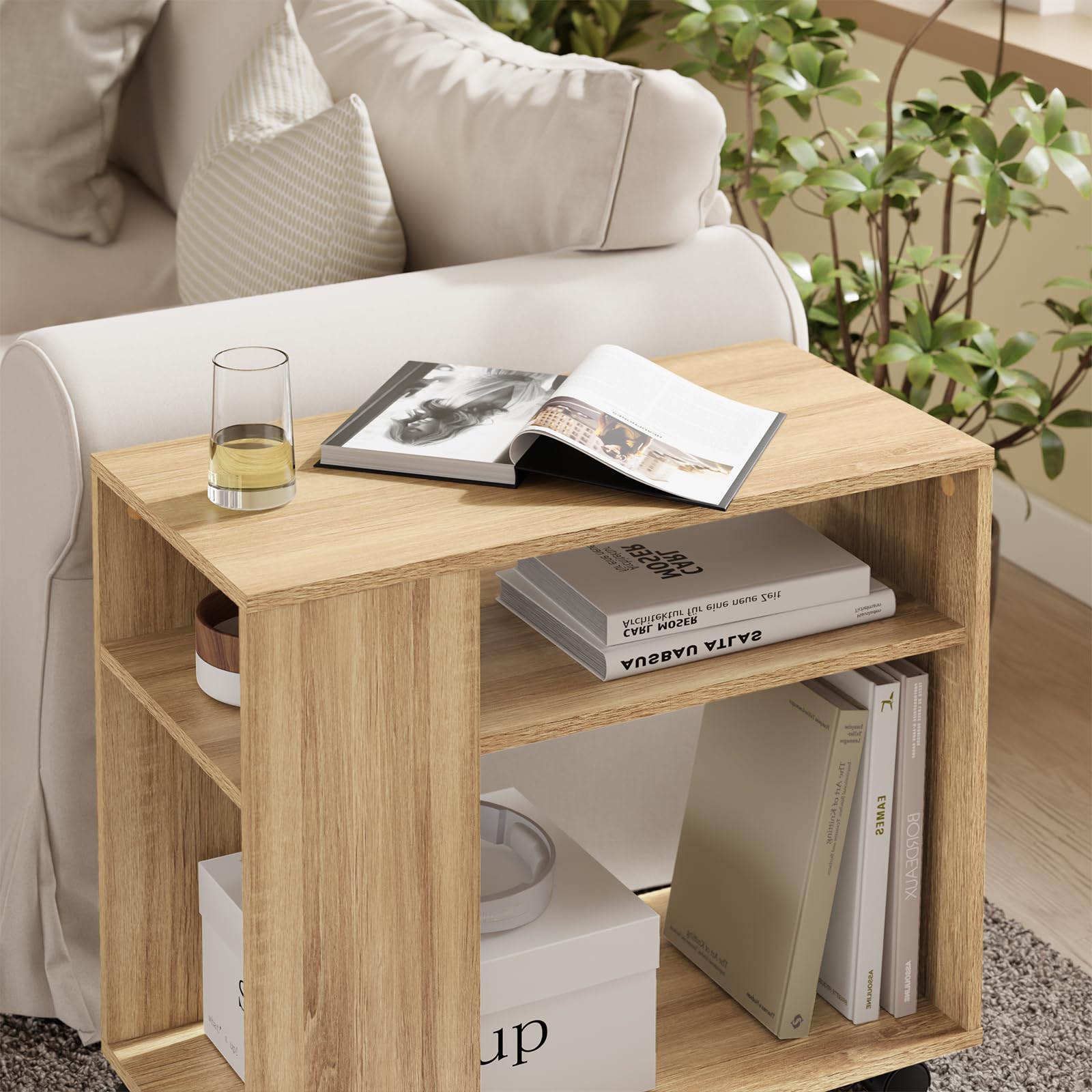 SoBuy Tavolino con rotelle, Tavolino rotante a 2 livelli con ripiani, Libreria mobile per soggiorno, camera, ufficio, L70 x P35 x H60cm Naturale FBT34-N