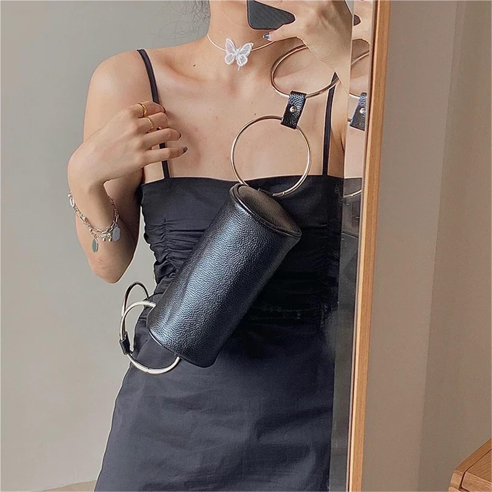 Bolso de hombro tipo cubo con personalidad for mujer, diseño aro metal, piel sintética, moderno, mensajero for muñeca Para Viajes Compras Trabajo Citas