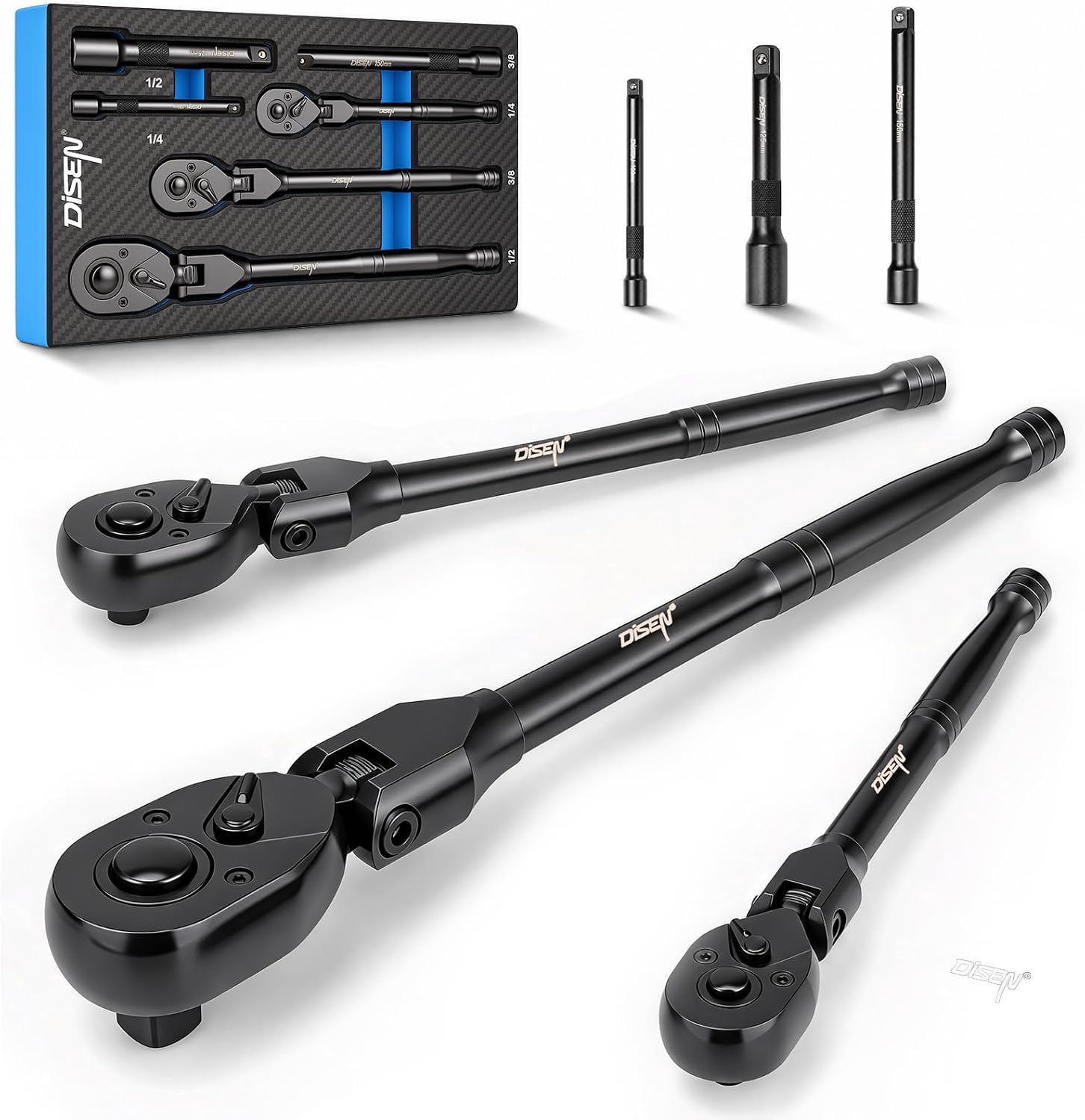 DISEN 3PCS Black Flex-Head Ratchet Set 1/2", 3/8", 1/4" Drive