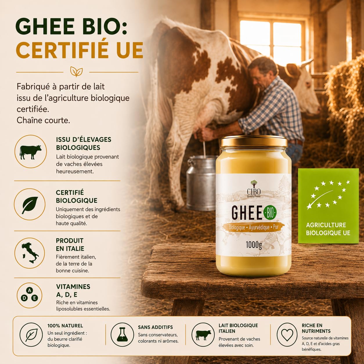 Cibo Ghee Bio 500g - Lait de Parme et Reggio Emilia - Fabriqué en Italie - Vaches de Pâturage - Point de Fumée 250°C - Issu de Crème Centrifugée