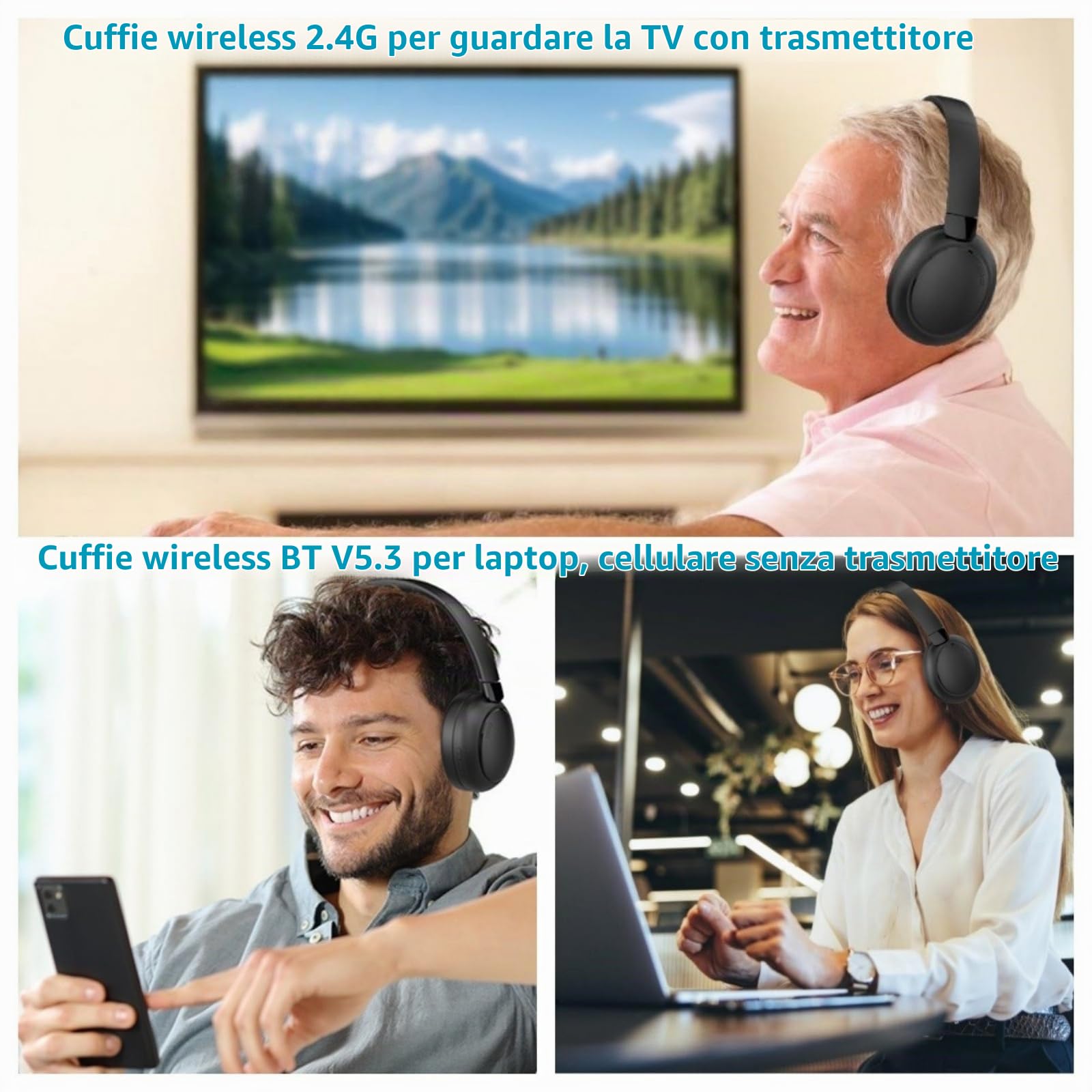 Cuffie TV senza fili, 2.4G e Bluetooth 5.3, tecnologia bi-modalità, cuffie TV per anziani, auricolari senza ritardo di sincronizzazione, con base trasmettitore, supporto in fibra ottica/USB/RCA/BT