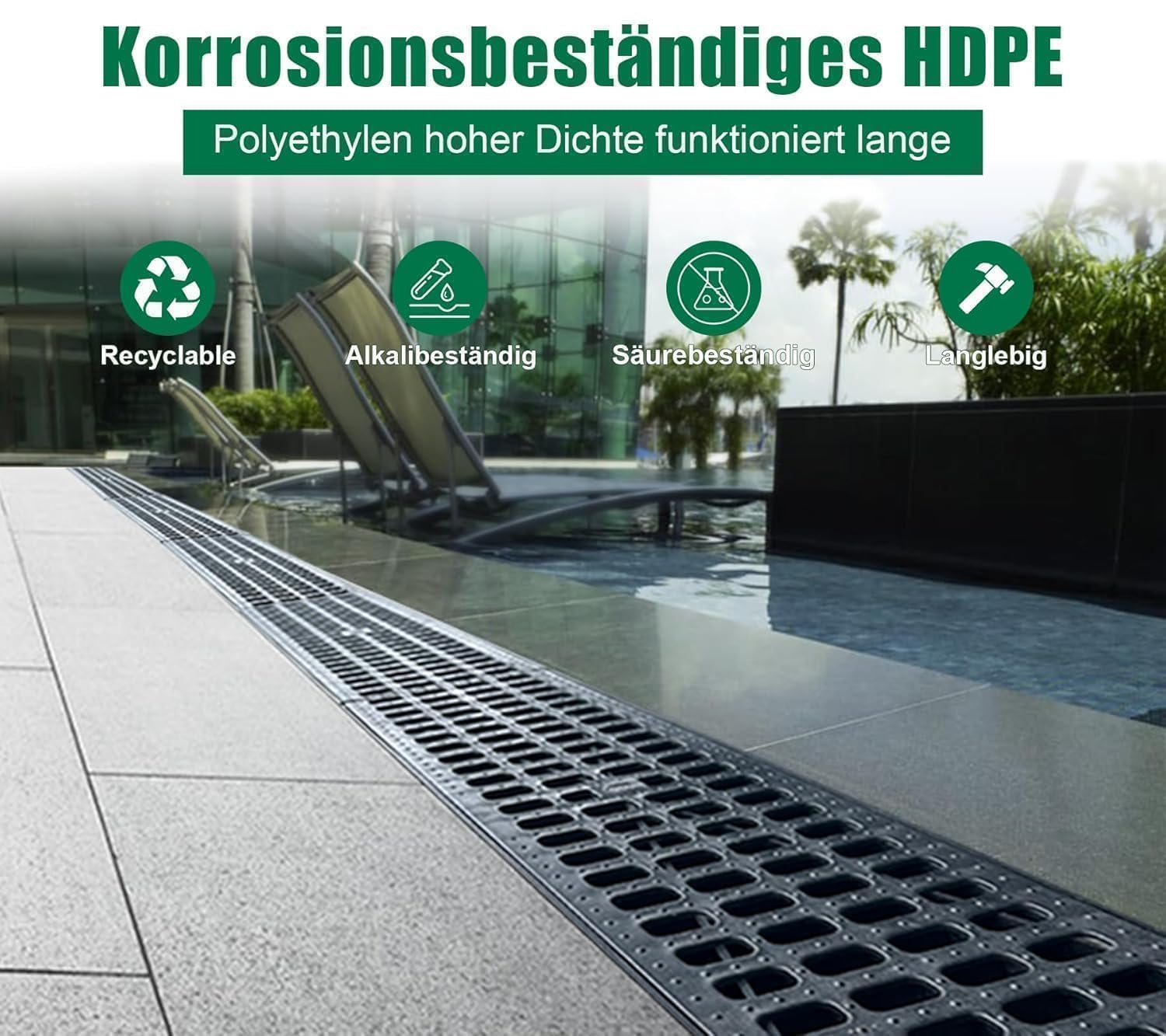 Zestaw 3: 100x100x1000 mm Zewnętrzna rynna drenażowa z kratką HDPE, A15 rynna z HDPE czarna, do podjazdu, ogrodu, tarasu, garażu