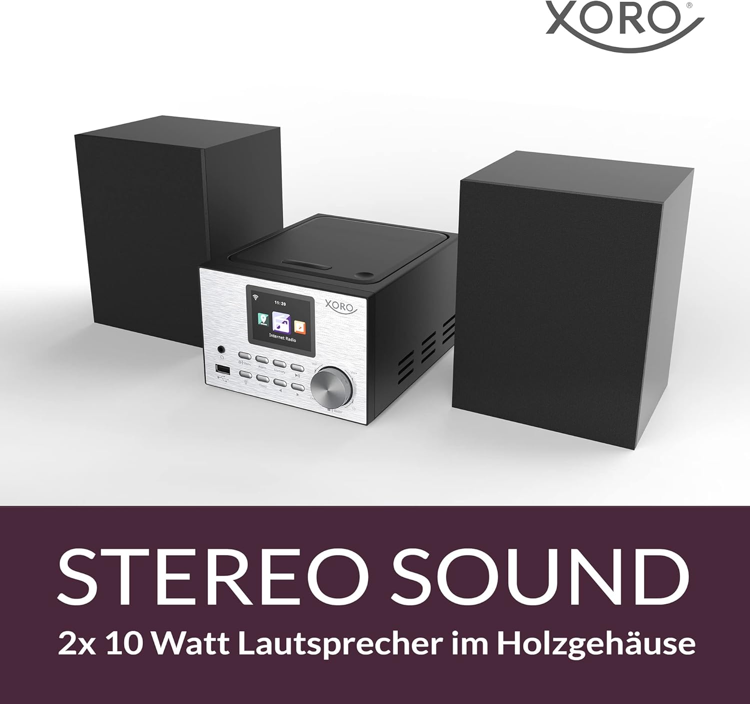 XORO HMT 500 PRO V2 Micro Stereo System with two speakers, highlighting stereo sound
