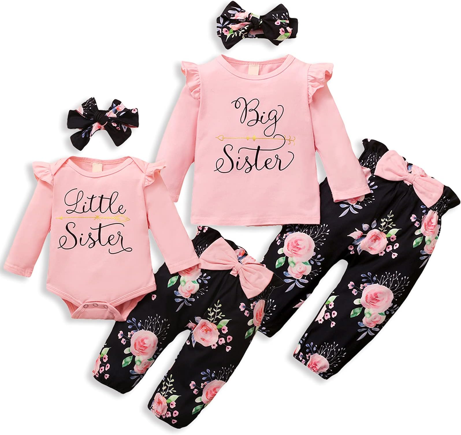 AMAWMWToddler Baby Girl Clothes Big Sister Little Sister Matching Outfits Long Sleeve Ruffle Romper Top Floral Pants Set 3PC