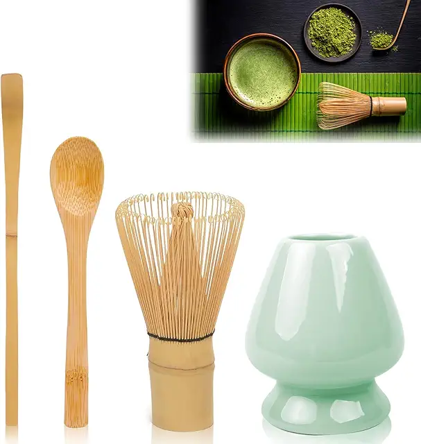 Kit Matcha 4 Piezas con Batidor de Bambú y Soporte Cerámico - Color Cian