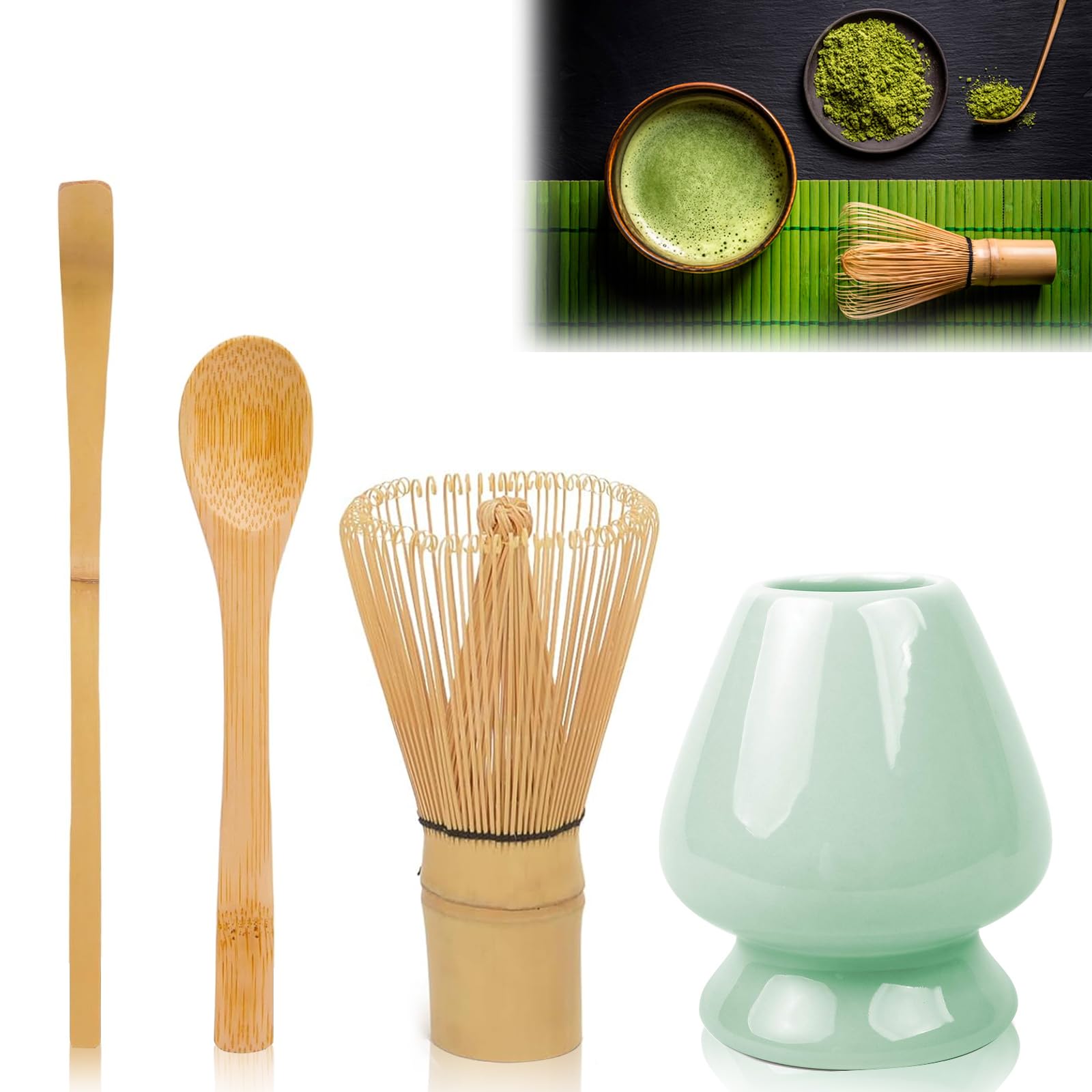 Matcha set – Te matcha kit – Batidor bambu te matcha – Juego de 4 piezas con cuchara de matcha y soporte de cerámica para batidor – Ideal para preparar matcha y ceremonias del té (color cian)