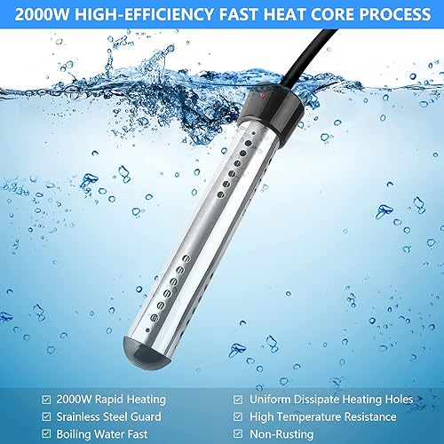 Miniatura 2 de Calentador de agua de inmersión de 2000 W, calentador de agua portátil eléctrico con acero inoxidable 304 antiquemaduras, calentador de agua de cubo