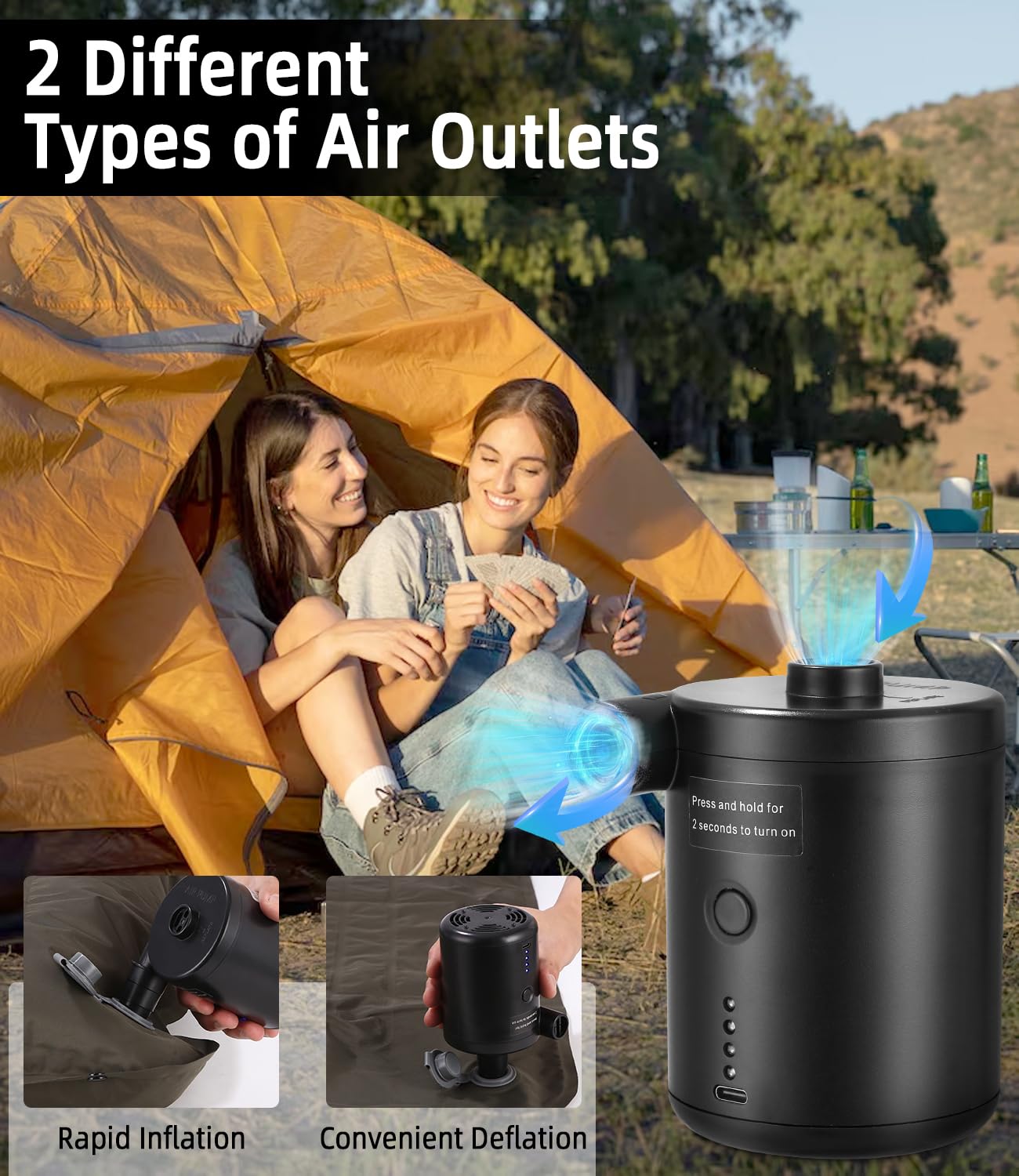 Inflador Electrico Colchon Portátil 4000mAh, Hinchador Colchon Hinchable de Llenado Rápido, Mini Inflador Paddle Surf Electrico para Cojines Inflables, Camas de Colchón de Aire, 3 Boquillas