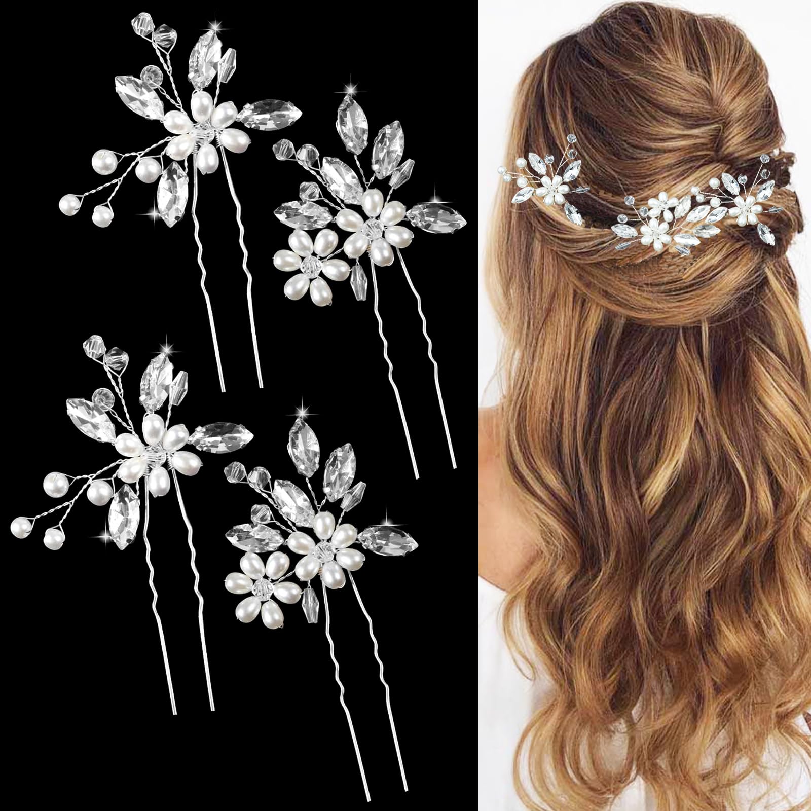 4 PCS Flower Hair Piece Bride Wedding Pearl Hair Pins Wedding U-shape Hairpins Hair Jewelry for Braids Accessories Silver Hair Accessories for Bride Women Girls Bridesmaids (Silver)
