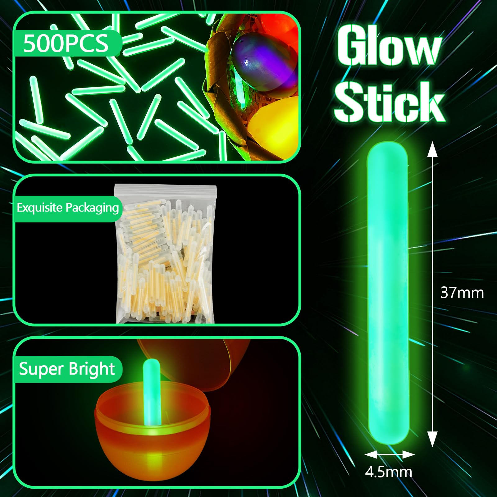 Jenaai 500 Pcs Fishing Glow Sticks Bulk for Bobbers Mini Glow Stick Rod Tip for Fishing Poles Small Glow Sticks for Night Fish Easter Eggs Easter Basket Stuffer(1.5 Inch,Green)