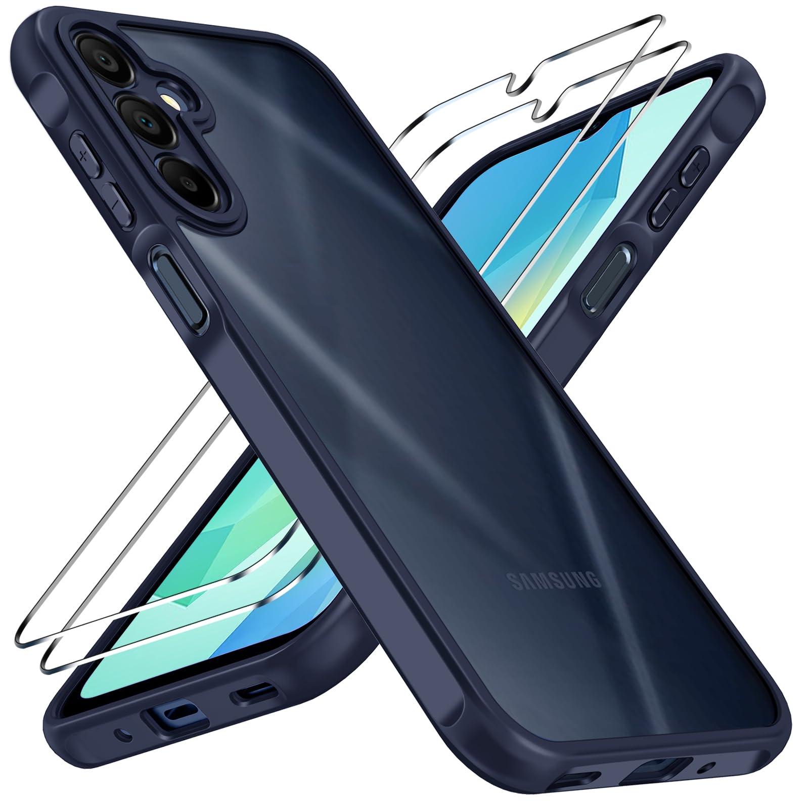 ivoler Hülle für Samsung Galaxy A16 4G / A16 5G mit 2 Stück Panzer Schutz Glas, [Militärstandard] Stoßfest [Kameraschutz] Handyhülle, Matt Durchscheinende Anti-Fingerabdruck Schutzhülle Case, Blau