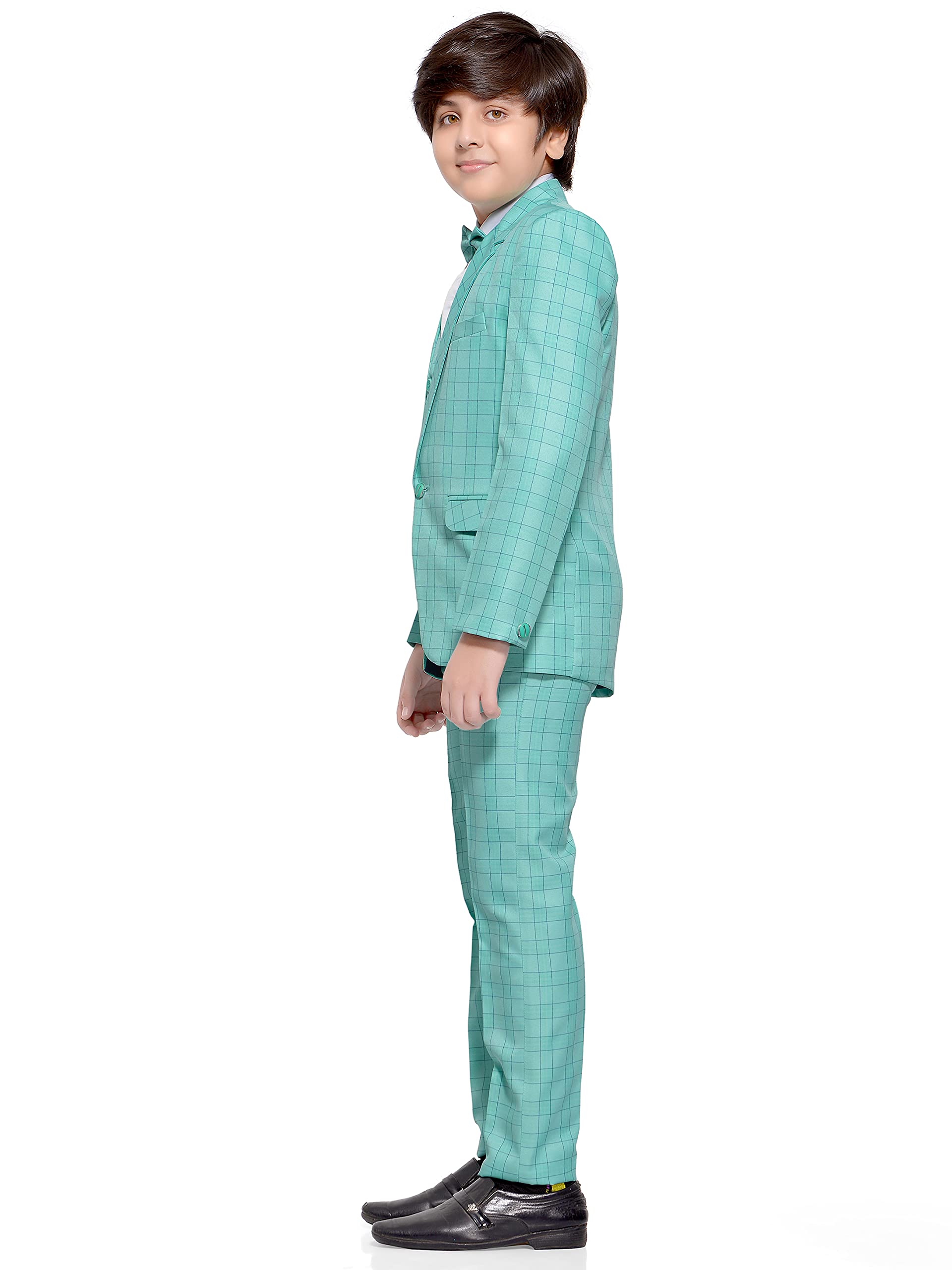 Jeetethnics Boys Turquoise Checked Coat Suit Set with Waistcoat Shirt and Trousers (9089)