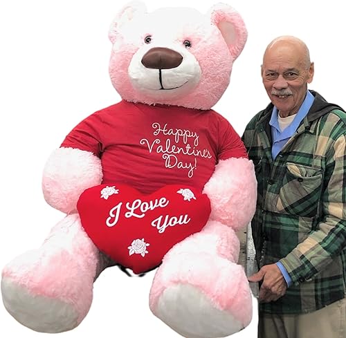 Big Plush Día de San Valentín 5 pies de oso de peluche rosa gigante sosteniendo I Love You Heart Pillow con camiseta para el día de San Valentín
