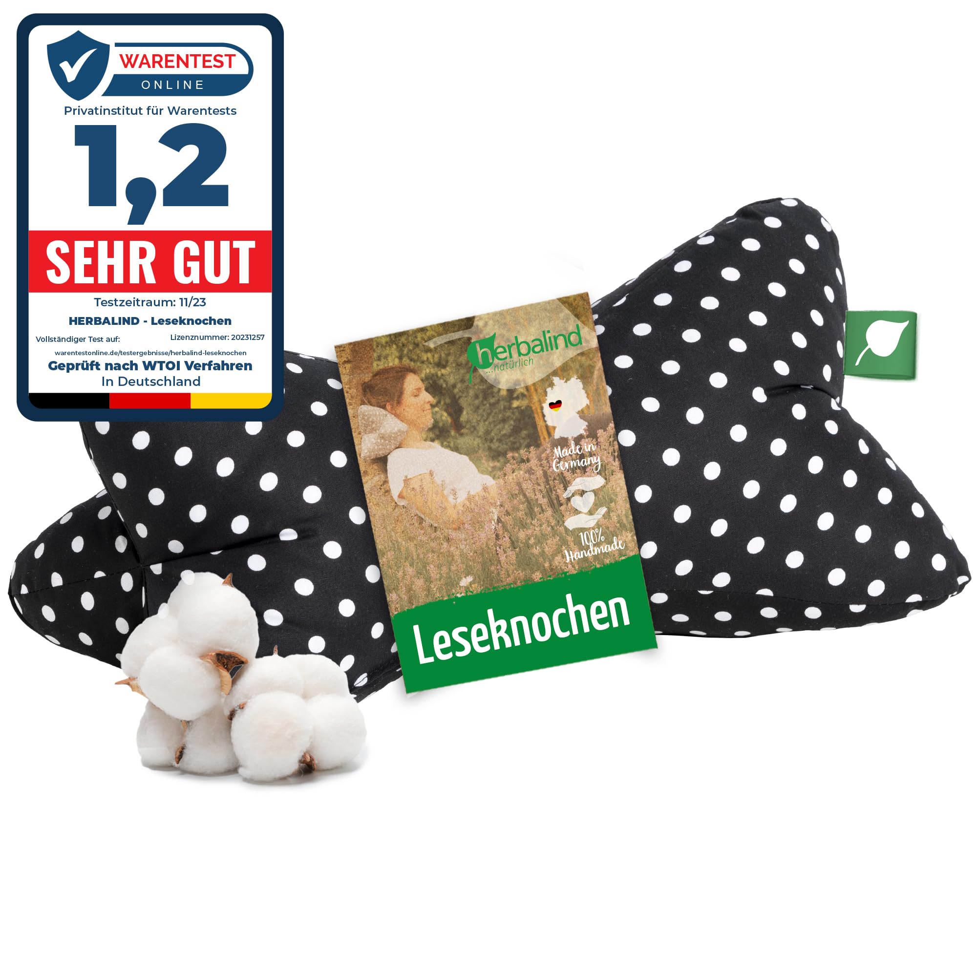 Herbalind Leseknochen Lesekissen Nackenkissen als Buchstütze - 40 x 18 cm Nackenrolle Stützkissen Buchkissen Tabletkissen - 100% Baumwolle, universelles Buch Tablet Kissen - schwarz