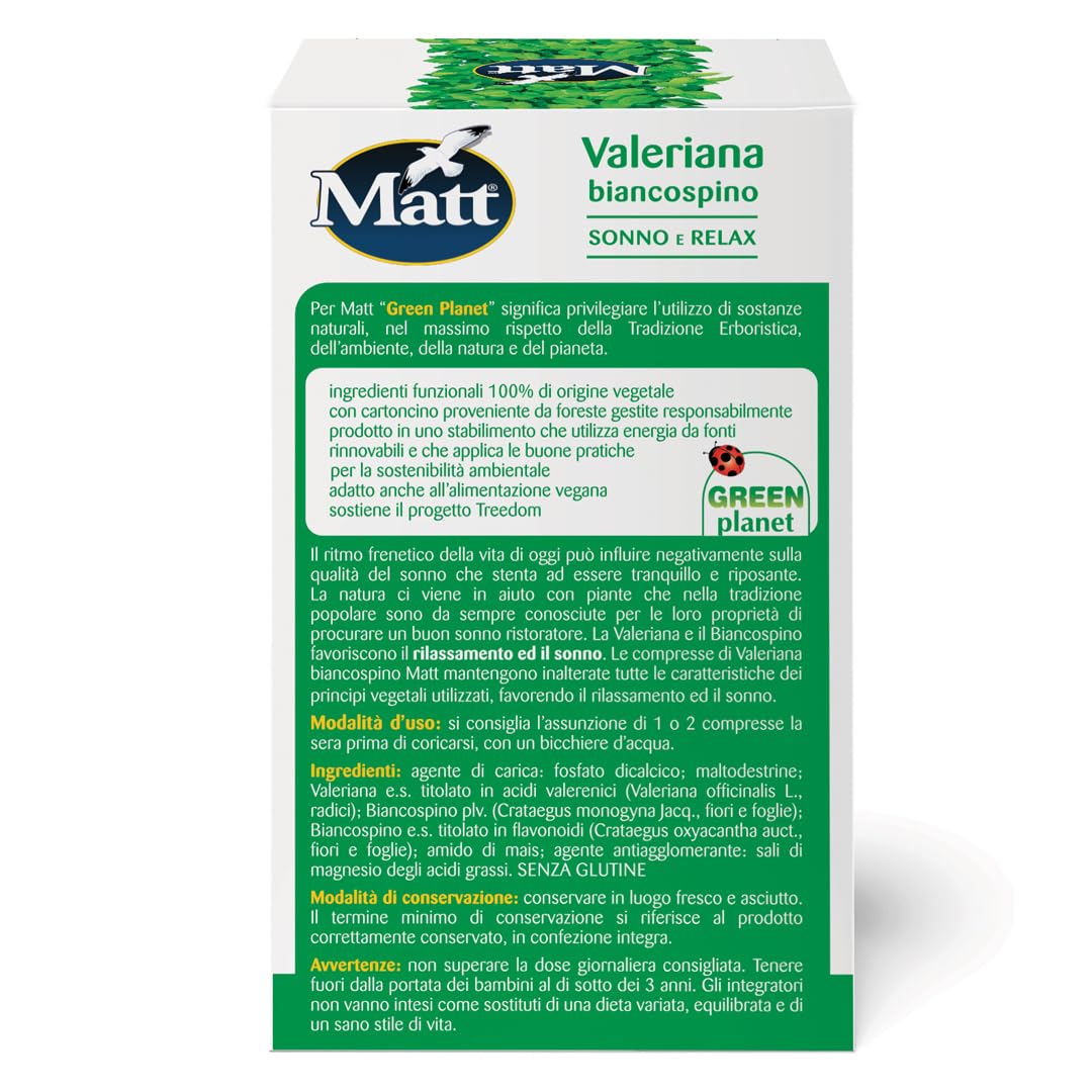 Matt, Valeriana Biancospino Sonno e Relax, Integratore Alimentare Utile per Favorire il Rilassamento e il Sonno, Migliora la Qualità del Sonno, Confezione con 40 Compresse, 28 g