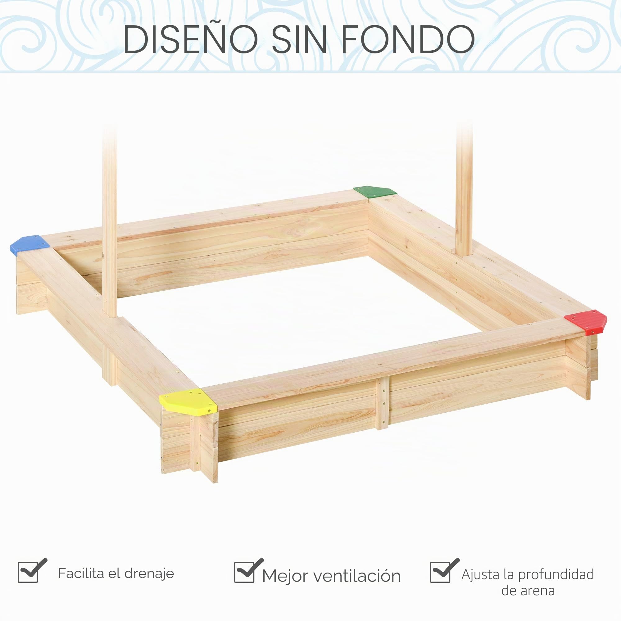 Outsunny Arenero de Madera para Niños con Techo Cajón de Arena Toldo Ajustable Espacioso 120x120x120 cm para Jardín Exterior al Aire Libre Color Madera Natural