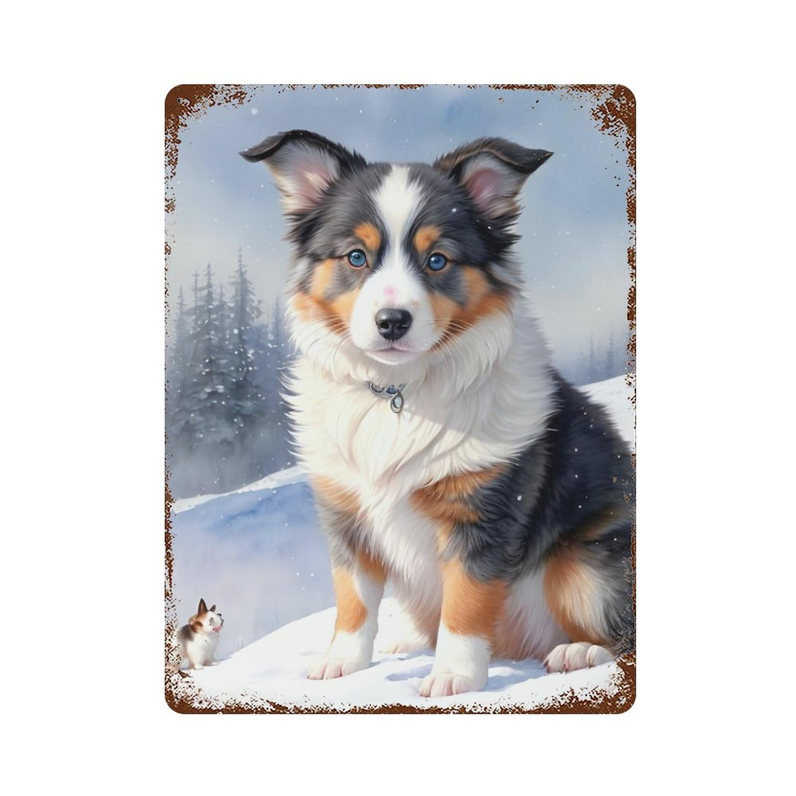 Rust Effect Tin Sign Australian Shepherd Dog Painting 15.7"x11.8", Vintage Wall Decor for Living Room, Hallway And Home Decor