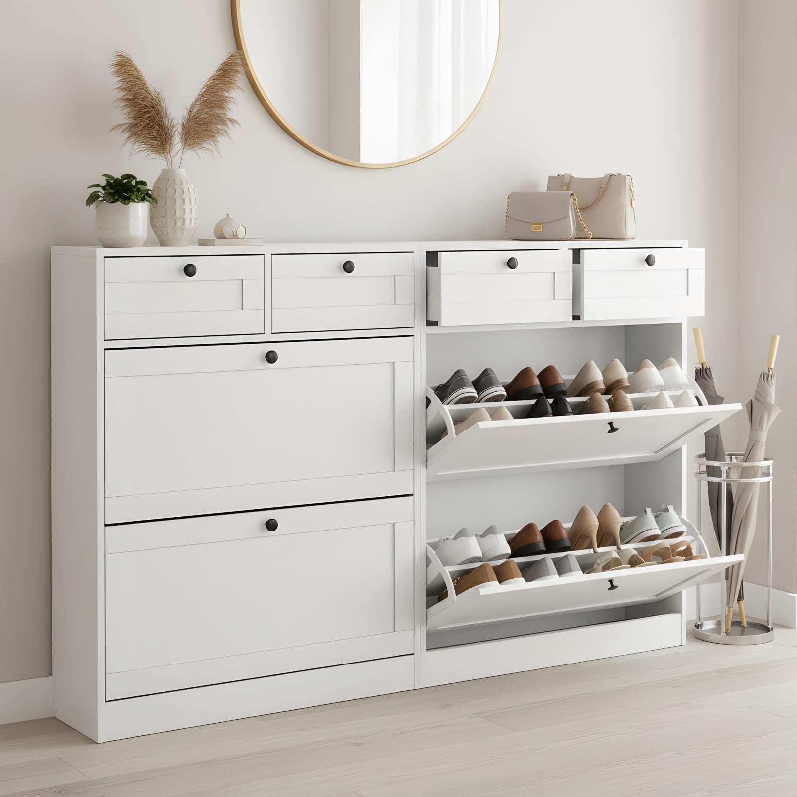 2er-Set Schuhschrank Schmal, Schuhkipper Weiss Schmal mit 2 Klappen & 2 Schubladen, Schuhregal Weiß mit verstellbaren Trennwände, Schuhkommode für Flur Eingang und Wohnzimmer, 80x24x100 cm