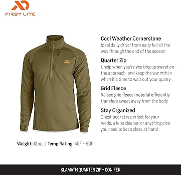 First Lite Men's Klamath Quarter Zip - Midweight Fleece Hunting First Lite Men's Klamath Quarter Zip - Midweight Fleece Hunting