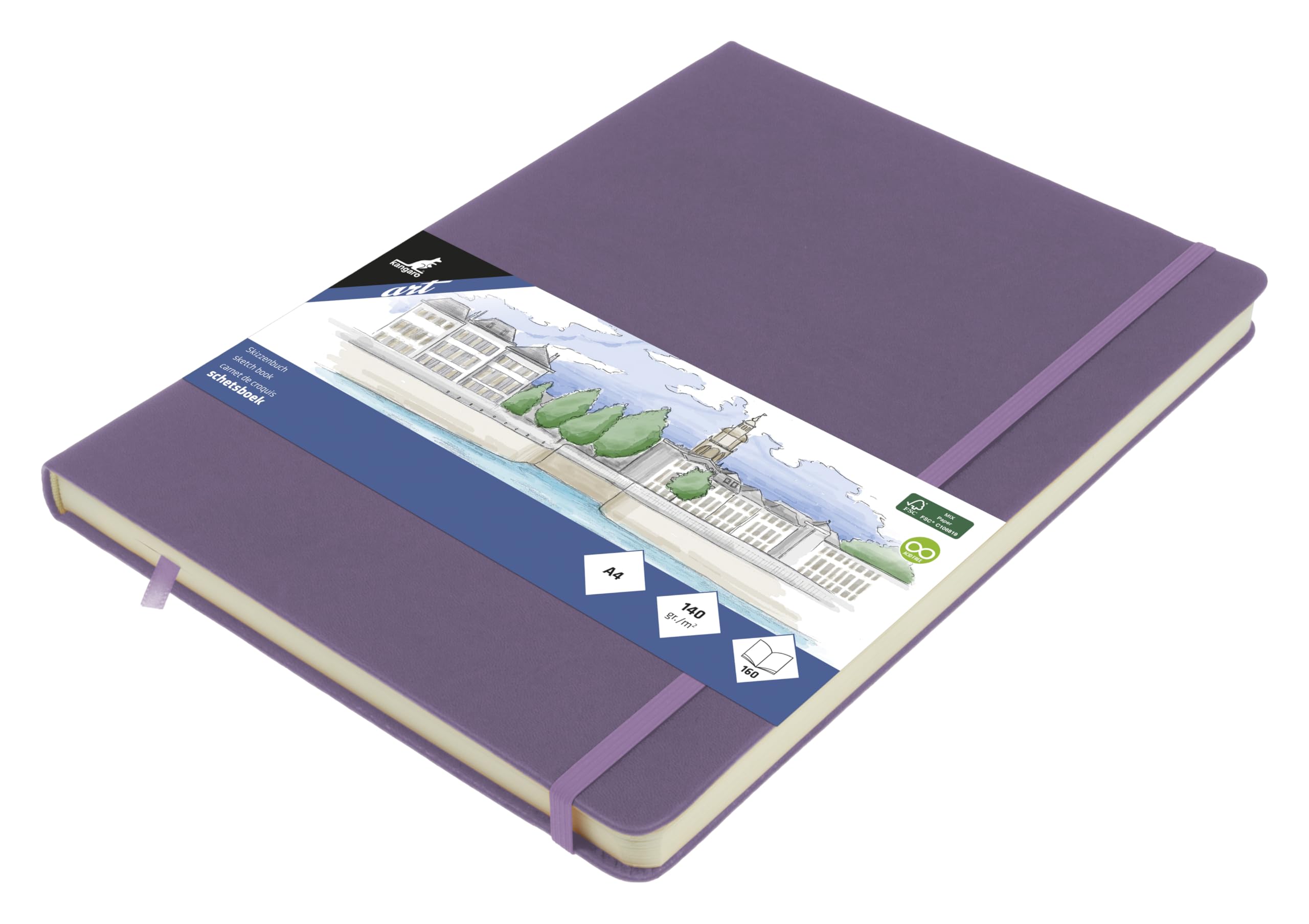 Kangaro A4 Heather Purple PU Hardcover Sketchbook 80 Sheets 140g Cream Paper with Elastic Band and Band