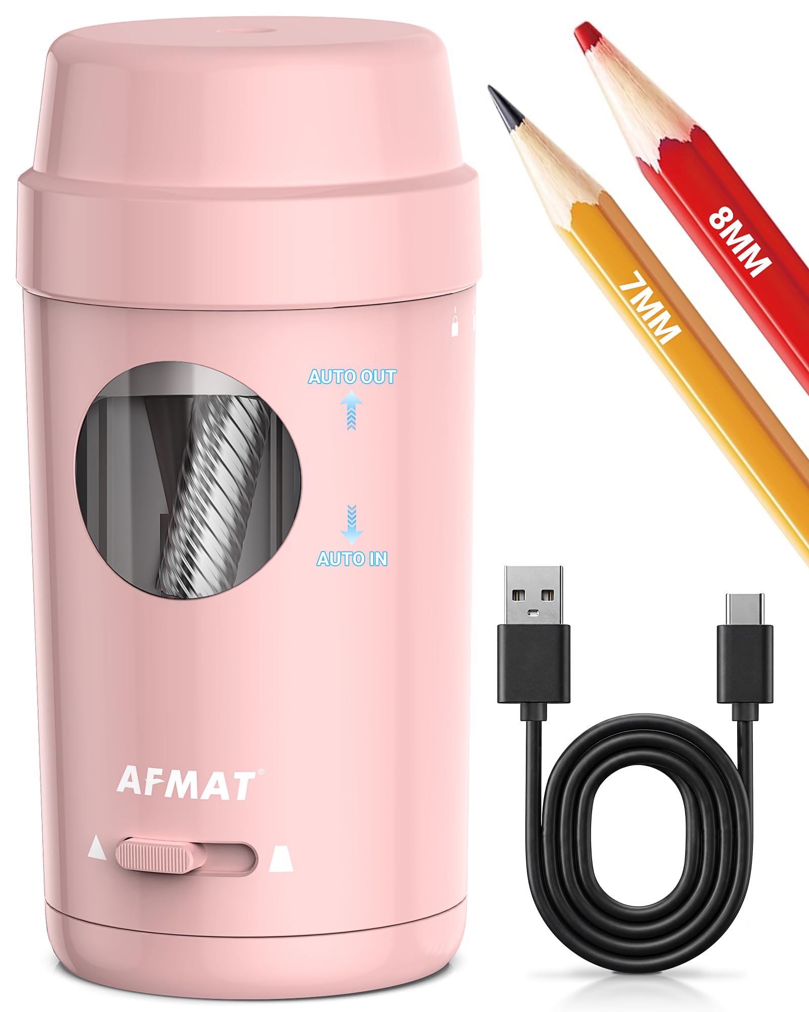 AFMAT Temperamatite elettrico completamente automatico, temperamatite ricaricabile con contenitore per penne sottili e spesse 7-8 mm, auto in & fuori, temperamatite elettrico per casa, ufficio, scuola