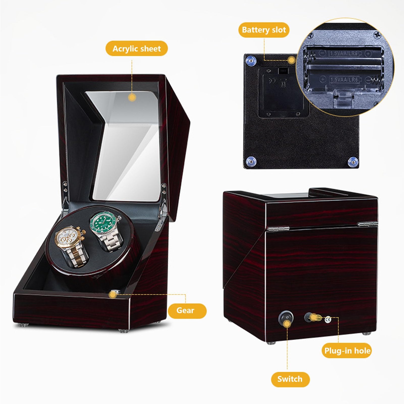 Caricatore Automatico per Due Orologi, Scatola Porta Orologi con Superficie in Pelle e Motore Giapponese Silenzioso, Alimentato da Adattatore CA o a Batteria. La rotazion，D