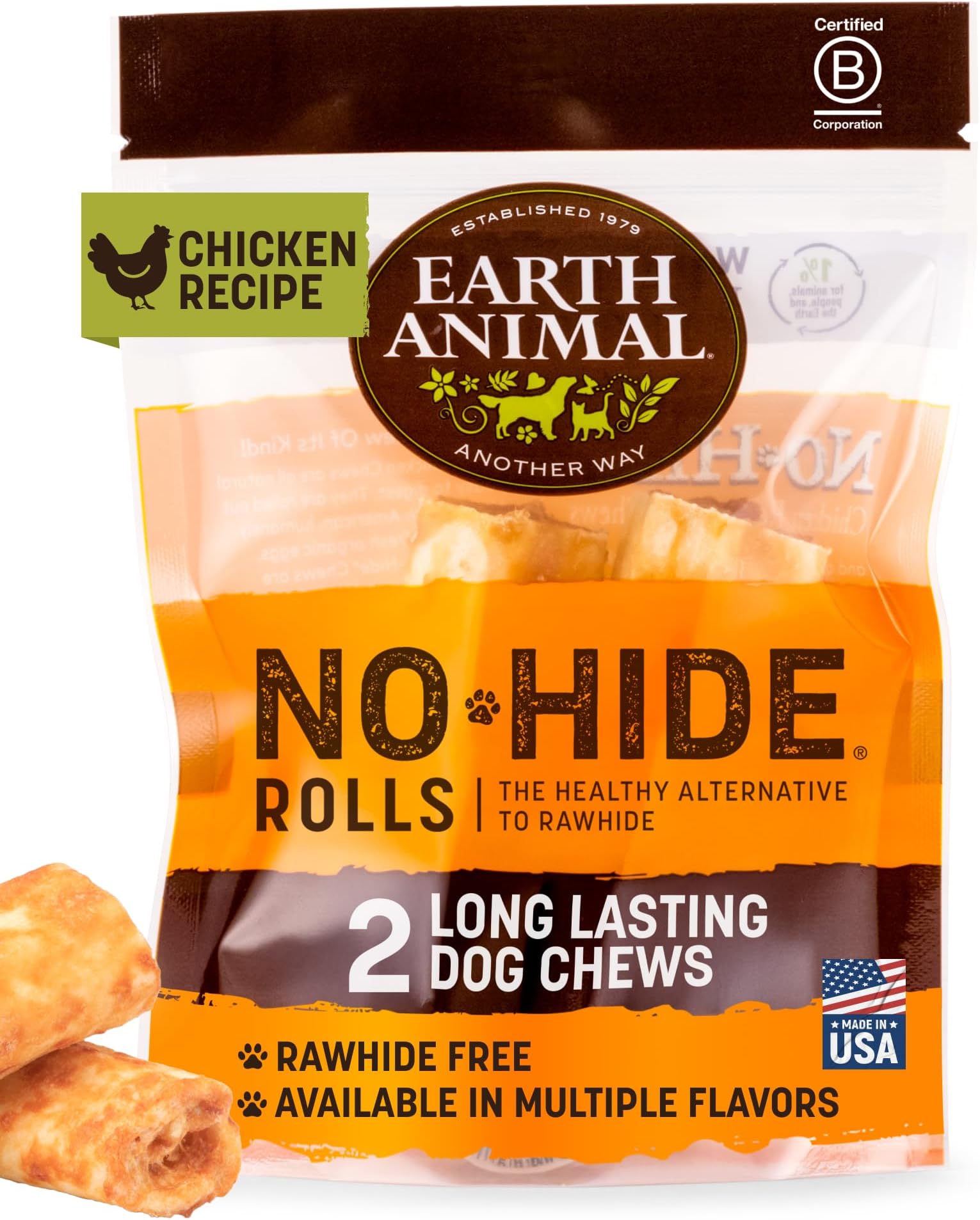 Earth Animal No Hide Chews - Long Lasting Rawhide Free Small Dog Chews Rolls, Chicken - 2 Count
