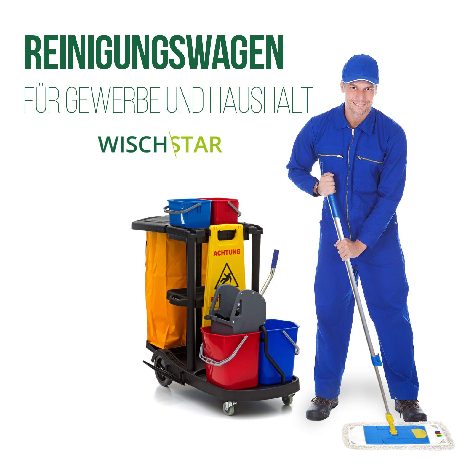 Wisch-Star Kunststoff Putzwagen Reinigungswagen mit Presse, 2X 25 Liter Eimer, 2X 6 Liter Eimer, Ablage, Warnschild und 120 Liter Müllsackhalterung