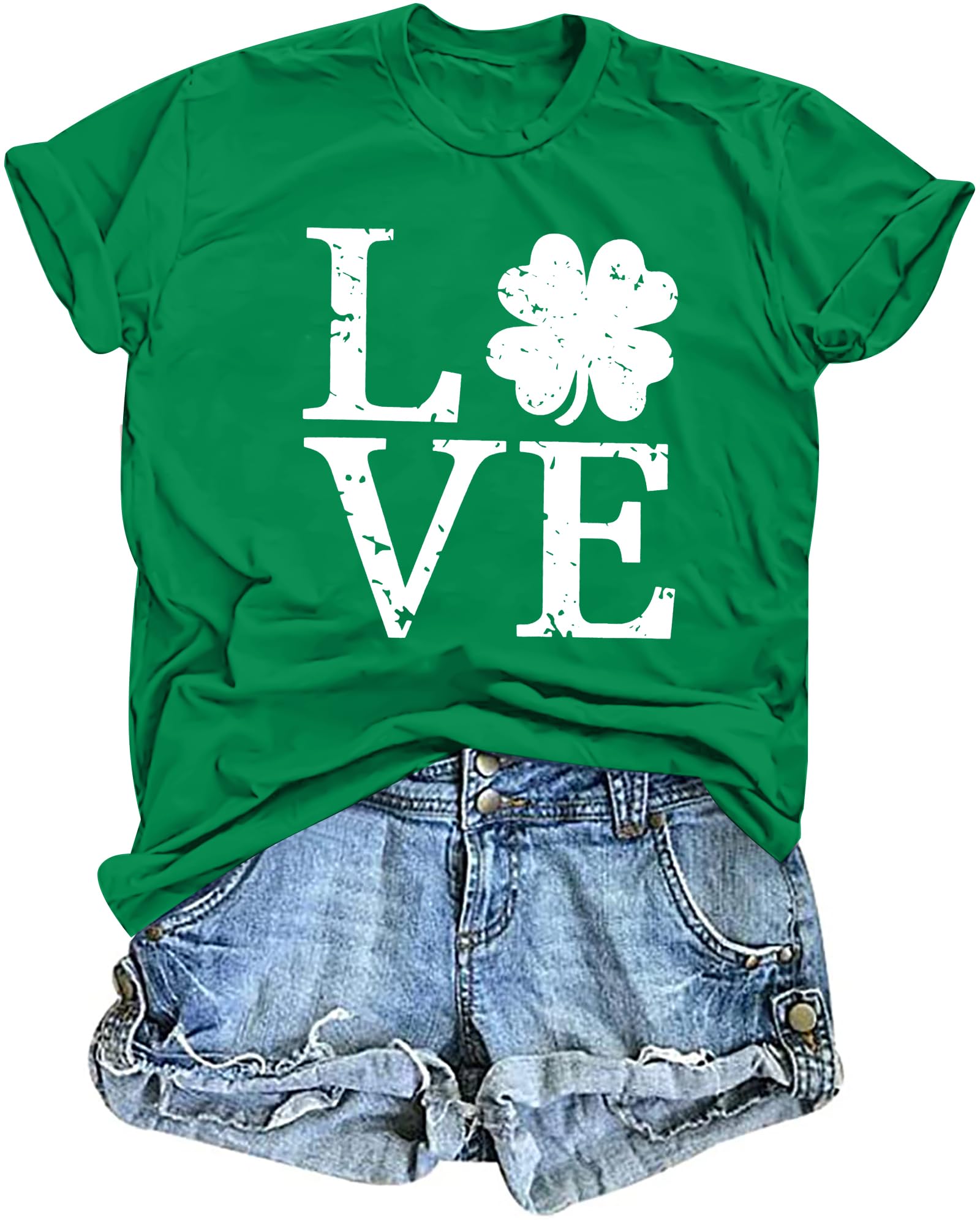 Love Shamrock Graphic St Patrick's Day Cute T-Shirt Women's Lucky Clover Irish Tees Short Sleeve Casual Tops