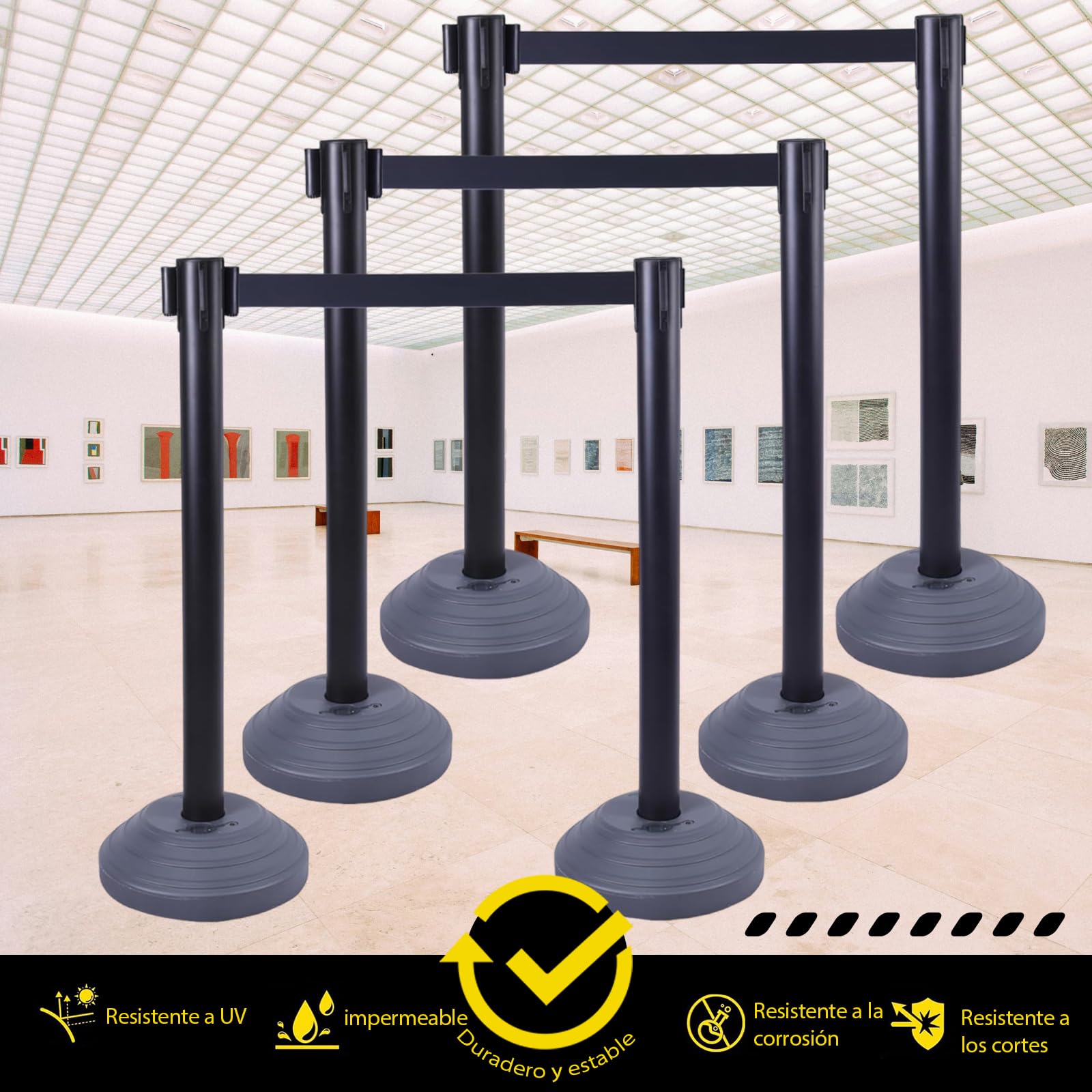 6 postes de acero inoxidable para delimitar, con correas retráctiles de 200 cm y base rellenable, gestión de colas, se utiliza en hoteles y salas de exposiciones (negro-negro)