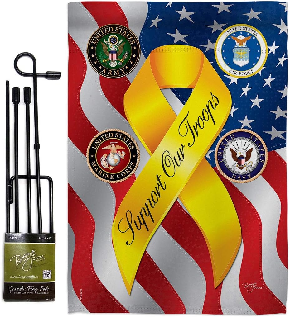 Support Our Troops Freedom Garden Flag Set with Stand Armed Forces Military Service All Branches Honor United State American Veteran Official Small Gift Yard House Banner Double-Sided 13 X 18.5
