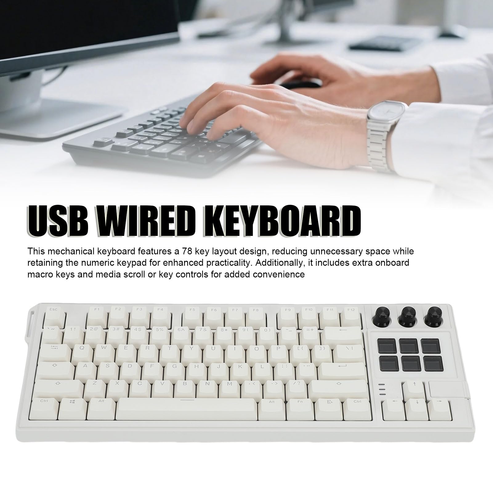 Cuifati Przewodowa Klawiatura Mechaniczna USB, 78 Klawiszy 6 Programowalnych Klawiszy LCD Czerwony Przełącznik Podświetlany RGB Funkcja Hot Swap, z 3 Przyciskami Przełączającymi 2 (WHITE)