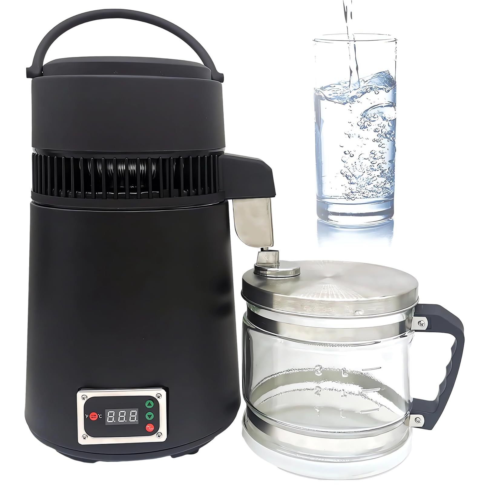 Máquina destiladora de agua, recipiente de vidrio de acero inoxidable 304 de 750 W, filtro purificador de agua destilada con botón de pantalla digital Therm Lock, máquina de destilación de agua pura