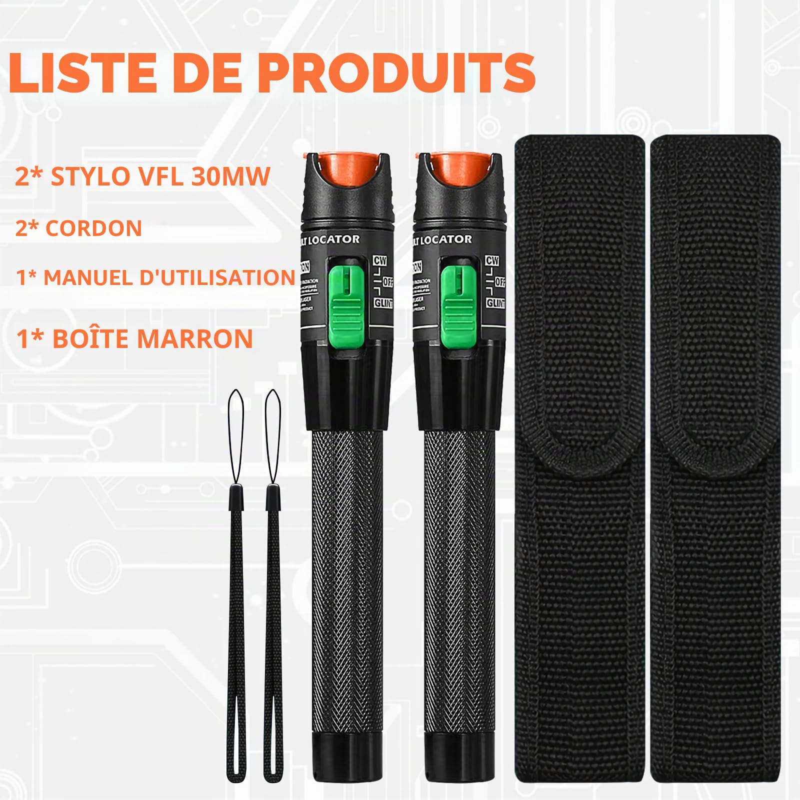 2 kits de localisateur visuel de défauts 30 MW, testeur de câble à fibre optique 30 km pour l'ingénierie des télécommunications CATV, testeur de fibre VFL adaptant l'interface FC/SC/ST de 2,5 mm
