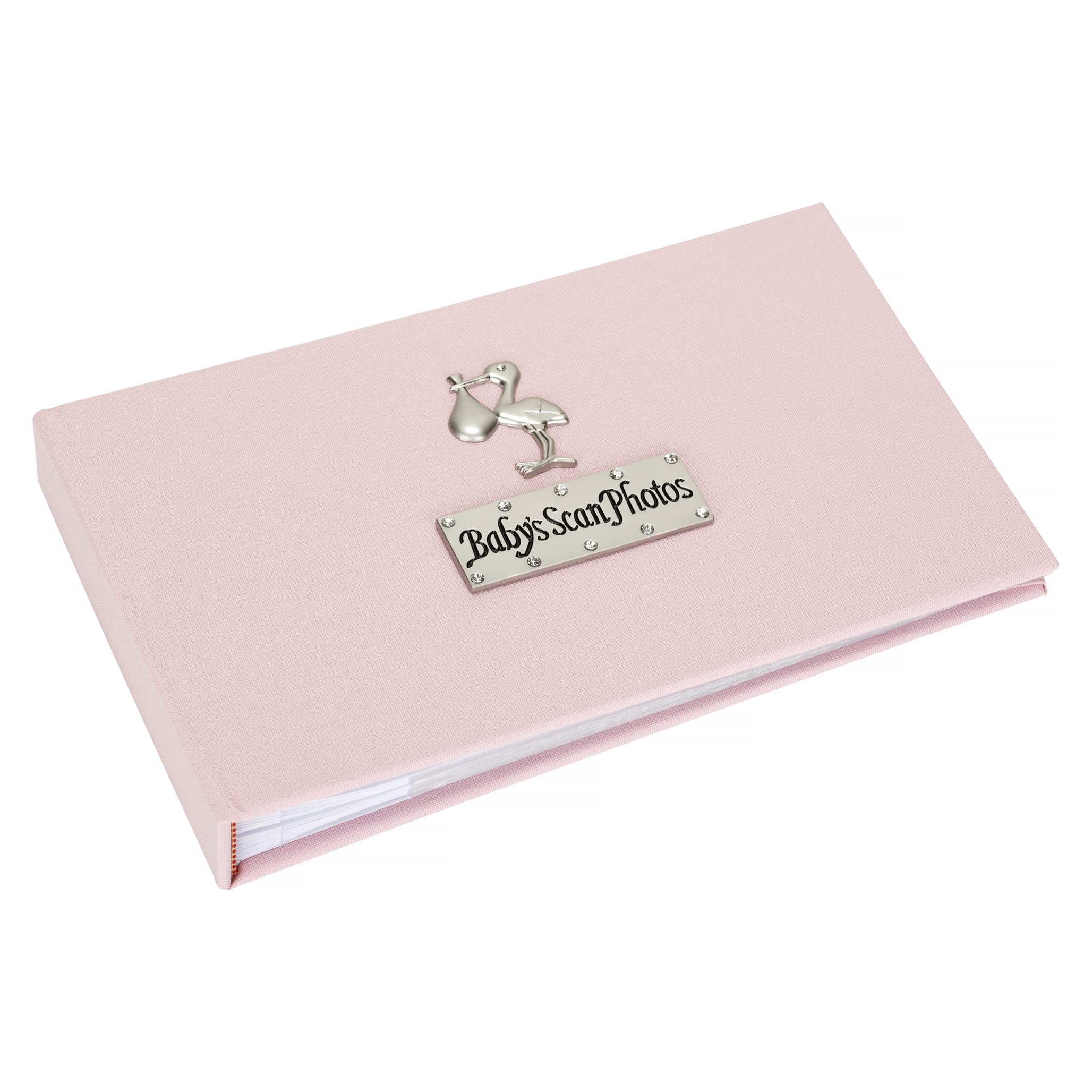 Baby's Scan soft pink photo album with a stork design