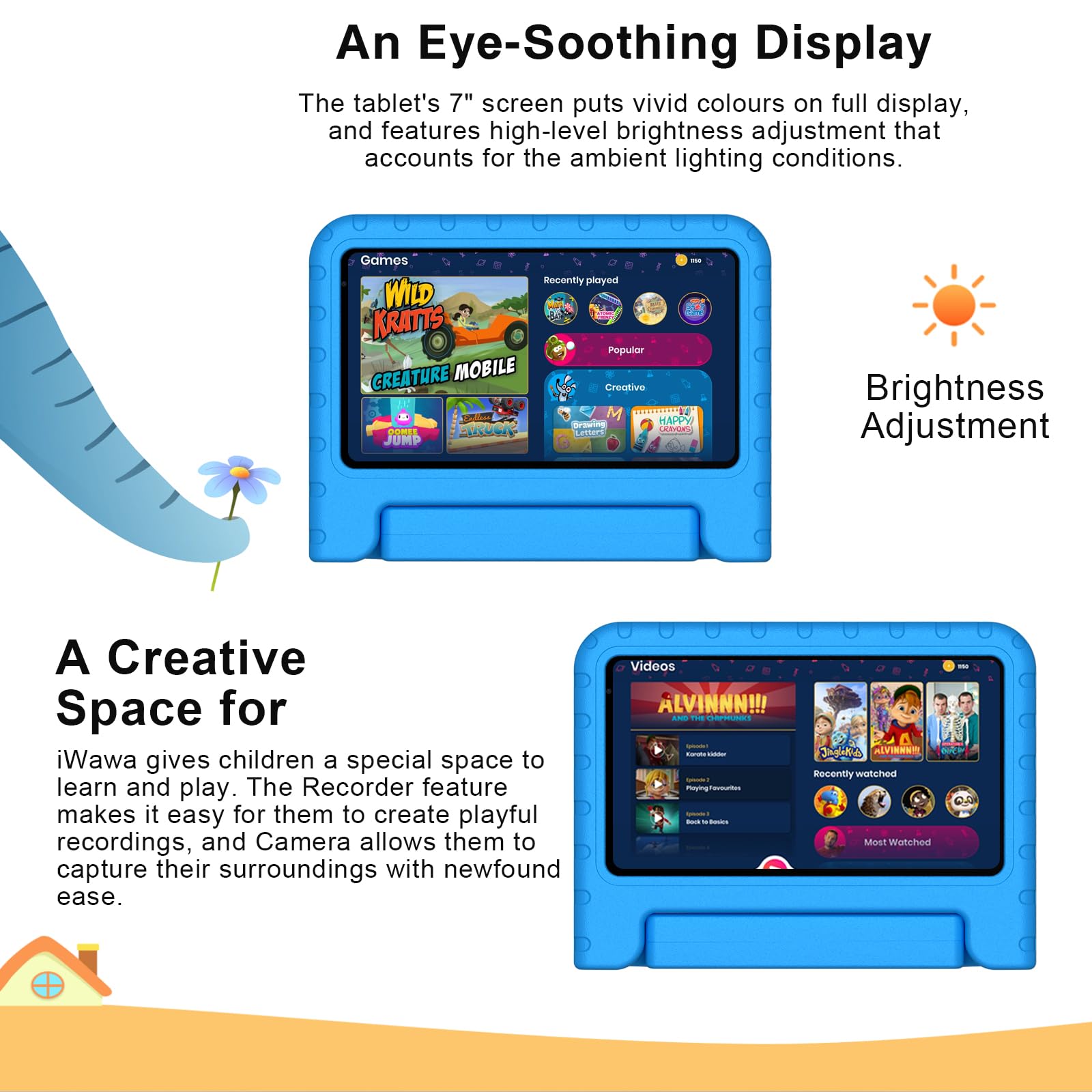 Dghrti Tablet 7 Inch Android, Quad-core, 7GB +64GB (TF 512GB), Parental Control, 3500mAh, BT 5.0, 5+8MP, Tablets with EVA Protective Case, Blue