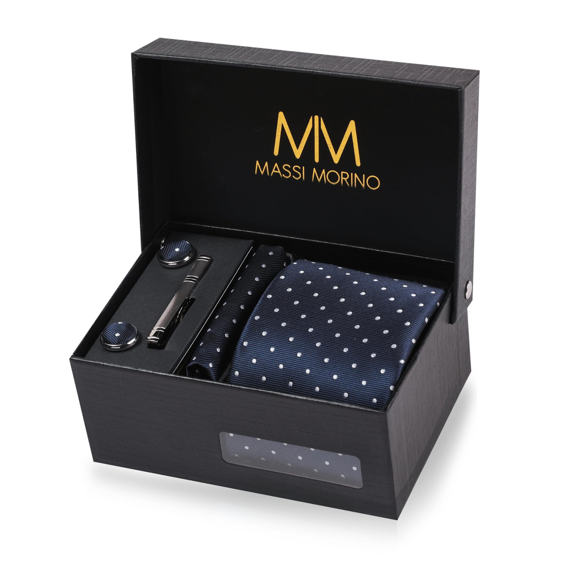 Massi Morino Krawatte mit Einstecktuch Set Herren inkl. Manschettenknöpfe, Krawattennadel und Geschenkbox - Männer Krawattenset zur Hochzeit