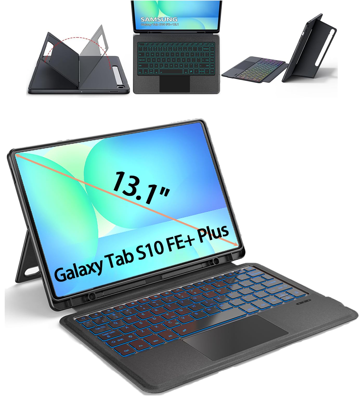 for Samsung Galaxy Tab S10 FE+ Plus Keyboard Case 13.1", S Pen Holder, 7 Color Backlit Keyboard with Trackpad Detachable Sleeve Cover with Adjustable Viewing Angle Stand for Tablet S10 FE +