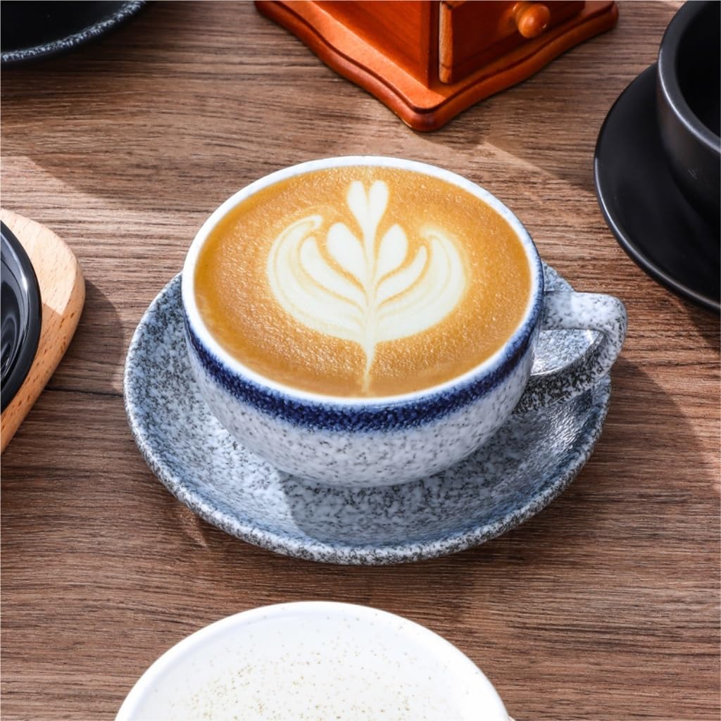 kubek ceramiczny, Kreatywny ceramiczny fantazyjny konkursowy duży otwór amerykański latte kubek tłoczony zestaw filiżanek do kawy i spodków(Blue)