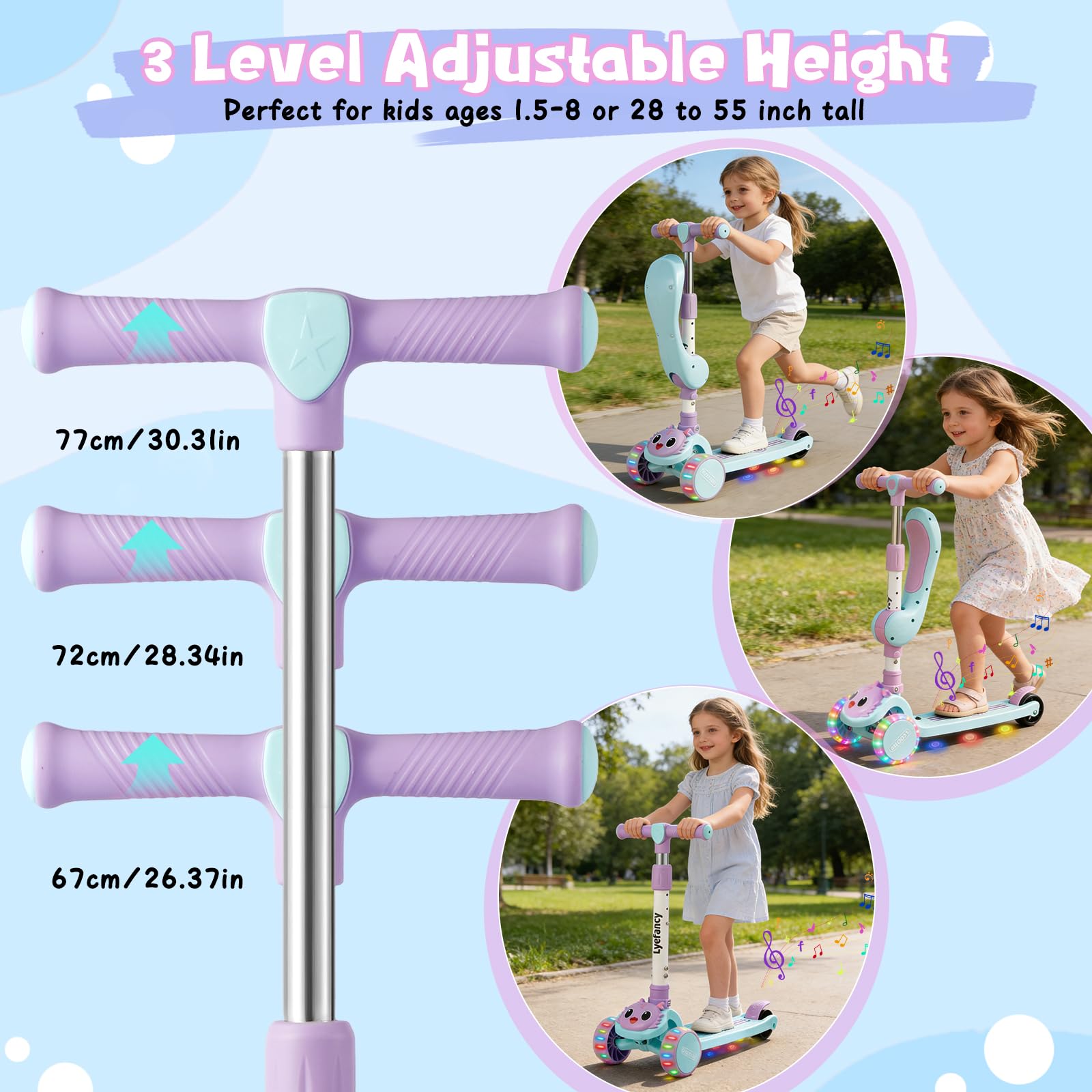 3-Rad-Roller für Kinder im Alter von 2–8 Jahren, 2-in-1-Kinderroller mit abnehmbarem Sitz, Klapproller mit Musik und leuchtenden Rädern, höhenverstellbar, durch Gewichtsverlagerung lenkbar