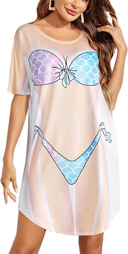 Ekouaer Women's Bikini Shirt Cover Up Short Sleeve Cute Bikini Print Cover-Up Baggy T Shirt Dress Fun Wear