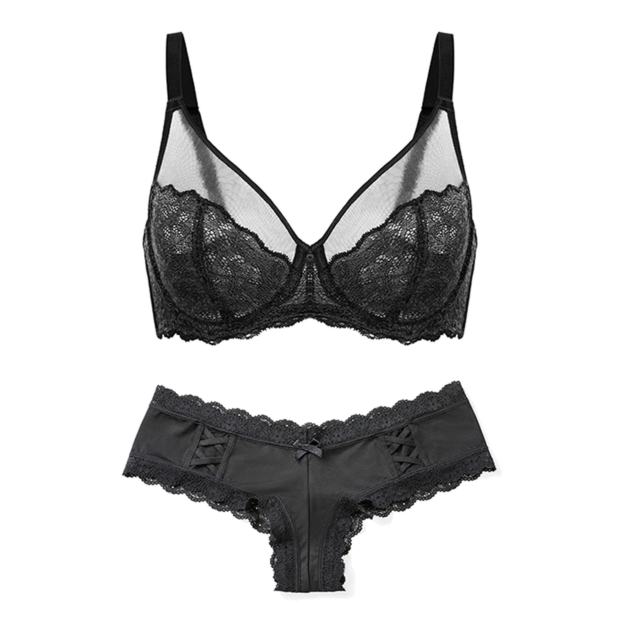 Soutien-gorge triangle rembourré sans fil et culotte noire transparente taille 70H
