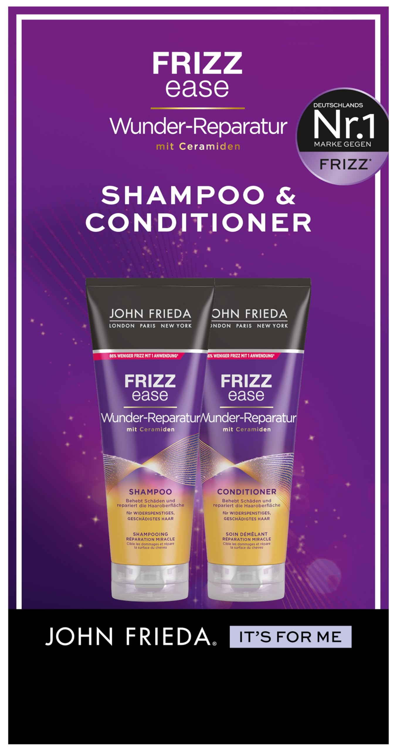 John Frieda Frizz Ease Wunder zestaw naprawczy – szampon, 250 ml i odżywka, 250 ml – typ włosów: niesforne, zniszczone, zniszczone, skręcone – naprawa i elastyczność