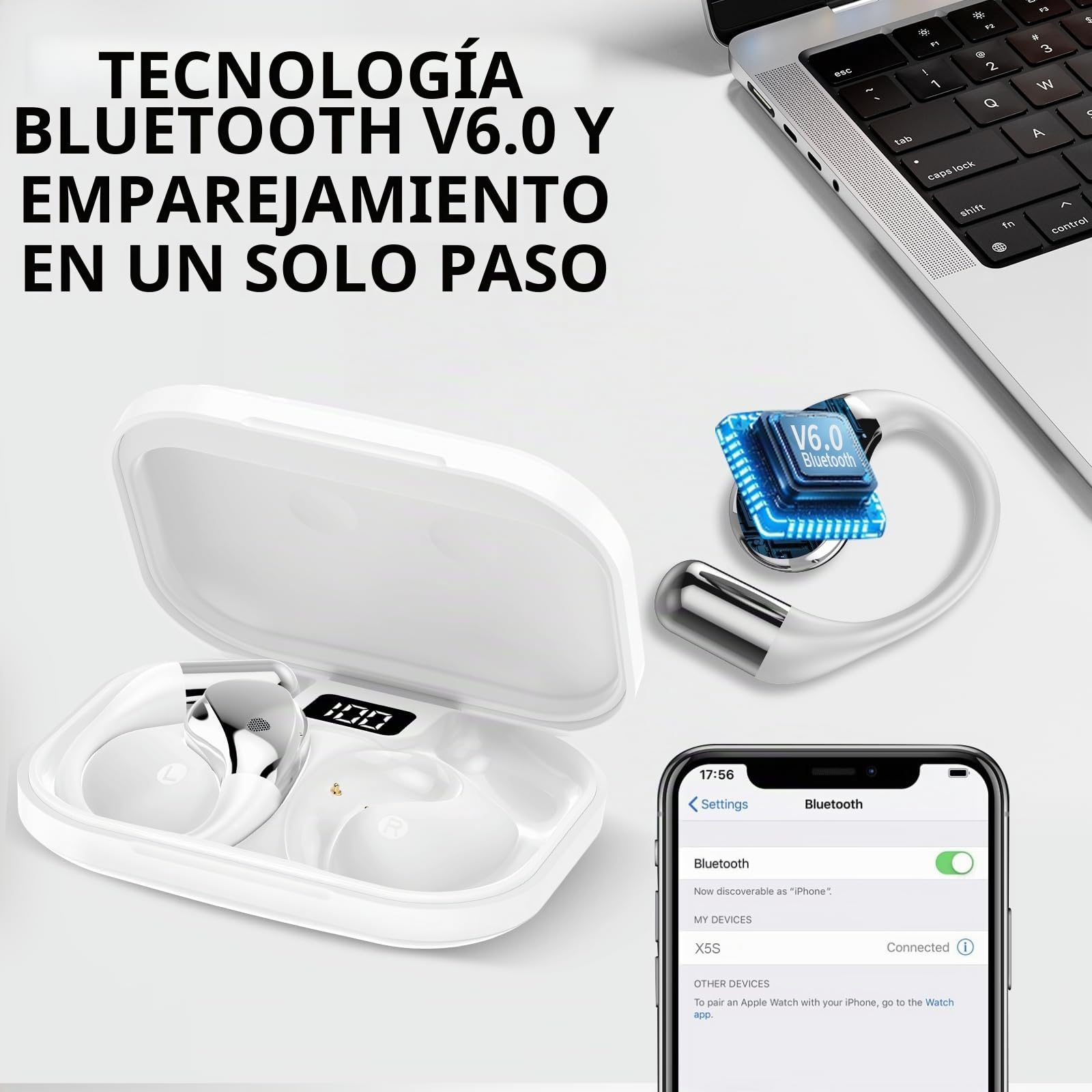 Auriculares inalambricos Deportivos, Bluetooth V6.0 lnalámbricos Cascos Hi-Fi Estéreo, 40H Llamada ENC HD Auriculares, Pantalla LED, IP7 Impermeable Auriculare Oreja Abierta para Sport/Running Blanco