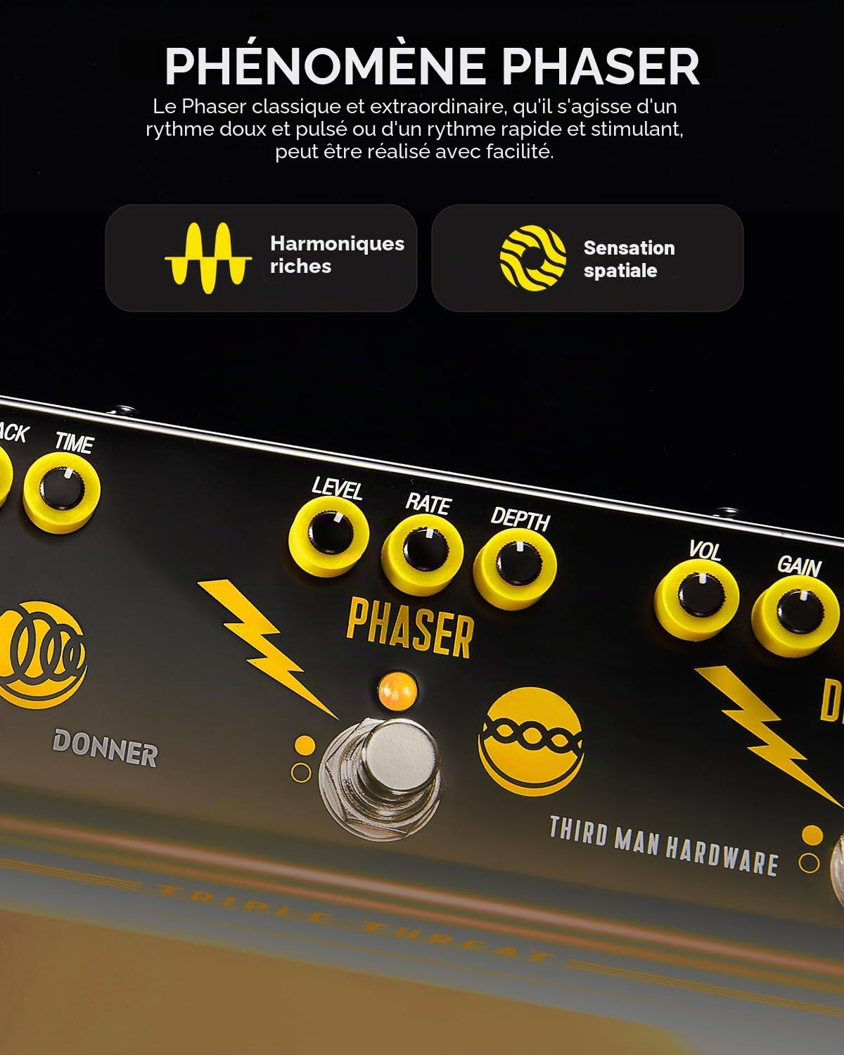 Donner X Third Man Hardware Pédale Multi-effet, Triple Threat 3-en-1 Pédale De Guitare Analogique Distorsion Phaser Pédale Echo Avec Adaptateur Pour Guitare éLectrique